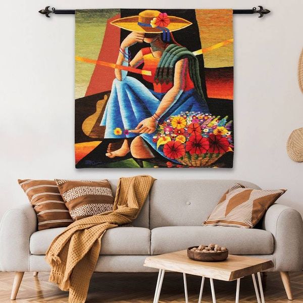 Alternate image for Handwoven Cubist Style Andean Wool Tapestry from Peru Woman of the Flowers
