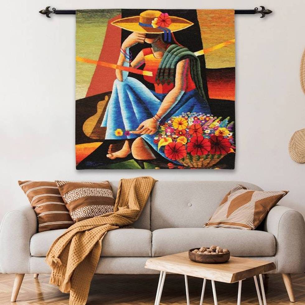 Handwoven Cubist Style Andean Wool Tapestry from Peru 'Woman of the Flowers'