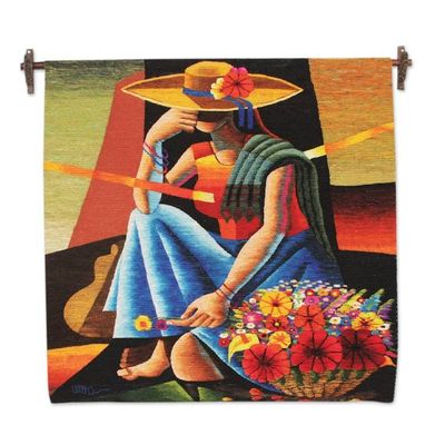 Alternate image for Handwoven Cubist Style Andean Wool Tapestry from Peru Woman of the Flowers