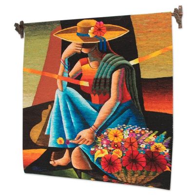 Alternate image for Handwoven Cubist Style Andean Wool Tapestry from Peru Woman of the Flowers