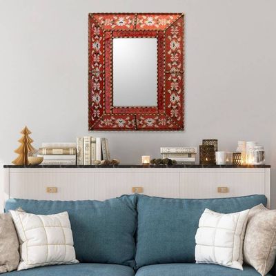 Primary image for Colonial Era Inspired Wall Mirror with Red Frame from Peru Red Colonial Garden