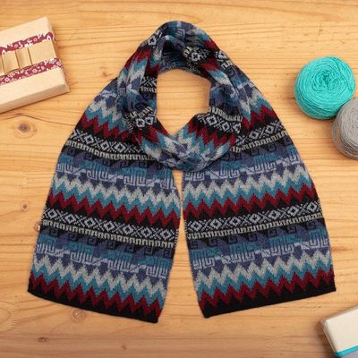 Alternate image for Handwoven Soft 100 Baby Alpaca Scarf in Blue and Red Hues Breeze of the Andes
