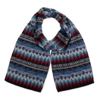 Alternate image for Handwoven Soft 100 Baby Alpaca Scarf in Blue and Red Hues Breeze of the Andes