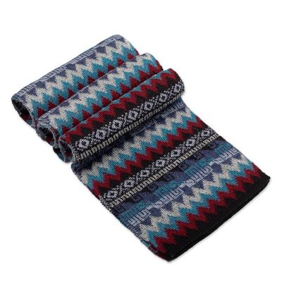 Alternate image for Handwoven Soft 100 Baby Alpaca Scarf in Blue and Red Hues Breeze of the Andes