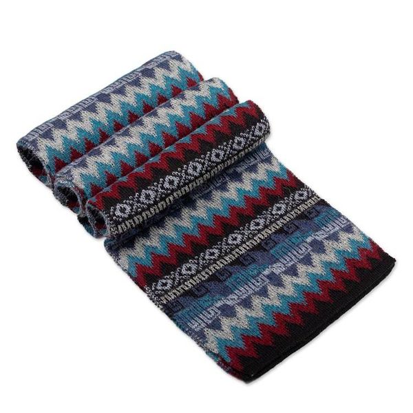 Alternate image for Handwoven Soft 100 Baby Alpaca Scarf in Blue and Red Hues Breeze of the Andes