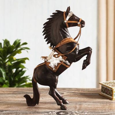 Alternate image for Cedar Wood Horse Sculpture With Leather Details From Peru Wild Horse