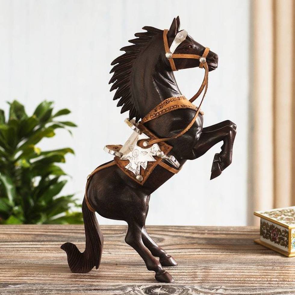 Cedar Wood Horse Sculpture With Leather Details From Peru 'Wild Horse'