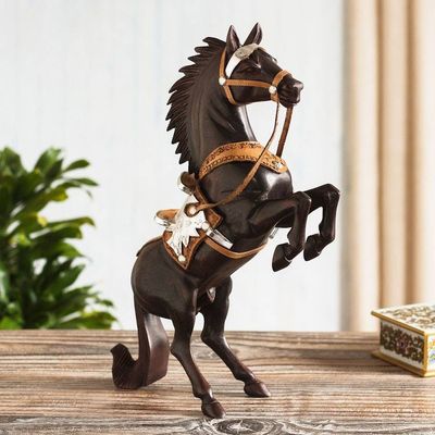 Alternate image for Cedar Wood Horse Sculpture With Leather Details From Peru Wild Horse
