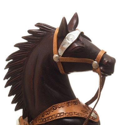 Alternate image for Cedar Wood Horse Sculpture With Leather Details From Peru Wild Horse