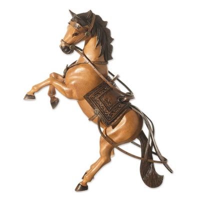 Alternate image for Cedar Wood and Leather Rearing Bay Horse Sculpture from Peru Rearing Buttermilk Horse