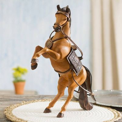 Alternate image for Cedar Wood and Leather Rearing Bay Horse Sculpture from Peru Rearing Buttermilk Horse