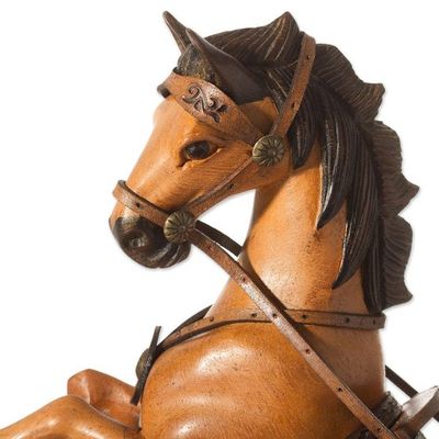 Alternate image for Cedar Wood and Leather Rearing Bay Horse Sculpture from Peru Rearing Buttermilk Horse