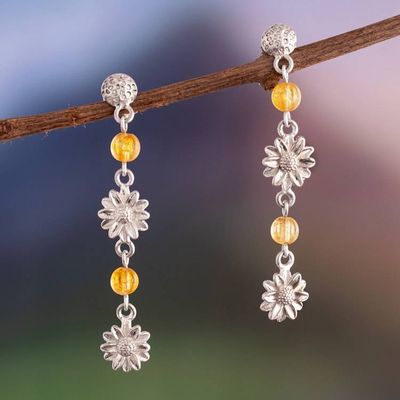 Primary image for Sterling Silver Citrine Dangle Earrings with Floral Theme Oceanic Eden