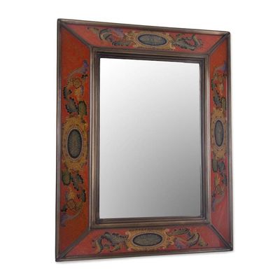 Alternate image for Floral Reverse Painted Glass Mirror in Scarlet from Peru Floral Medallions in Scarlet
