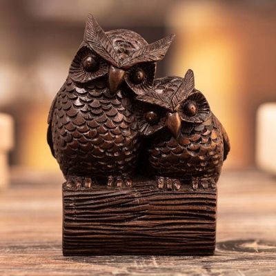Alternate image for Hand-Carved Rustic Cedarwood Figurine of Two Owls from Peru Nocturnals in Love