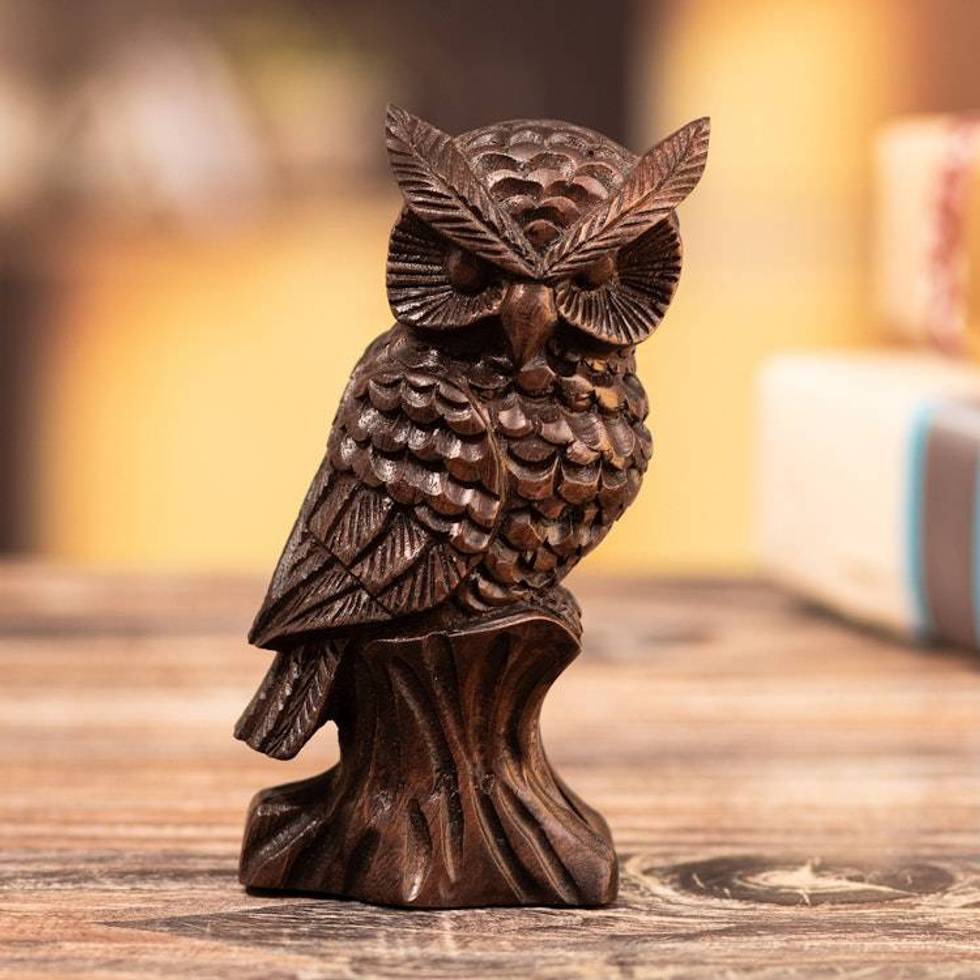 Hand-Carved Cedarwood Figurine with Owl Motif from Peru 'Wings of Mystery'