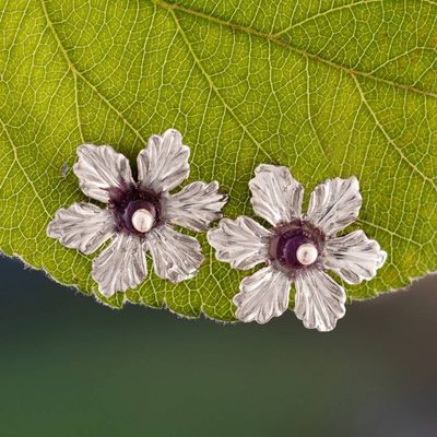 Primary image for Natural Amethyst and Sterling Silver Floral Button Earrings Purple Tiliaceus