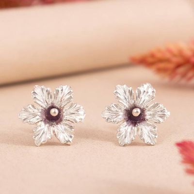 Alternate image for Natural Amethyst and Sterling Silver Floral Button Earrings Purple Tiliaceus