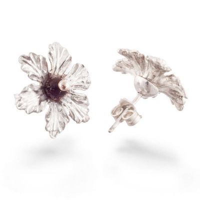 Alternate image for Natural Amethyst and Sterling Silver Floral Button Earrings Purple Tiliaceus