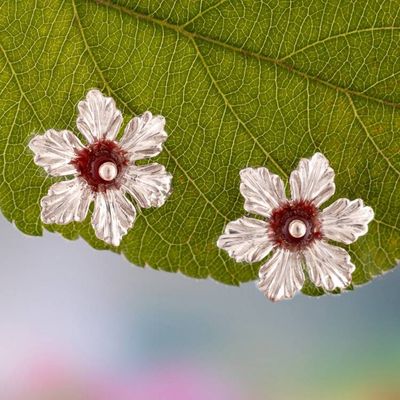 Alternate image for Floral-Themed Silver Button Earrings with Natural Agate Gems Red Tiliaceus