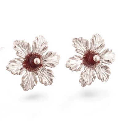 Alternate image for Floral-Themed Silver Button Earrings with Natural Agate Gems Red Tiliaceus
