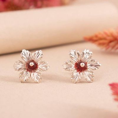 Alternate image for Floral-Themed Silver Button Earrings with Natural Agate Gems Red Tiliaceus