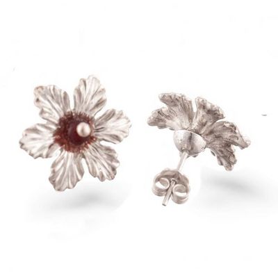 Alternate image for Floral-Themed Silver Button Earrings with Natural Agate Gems Red Tiliaceus