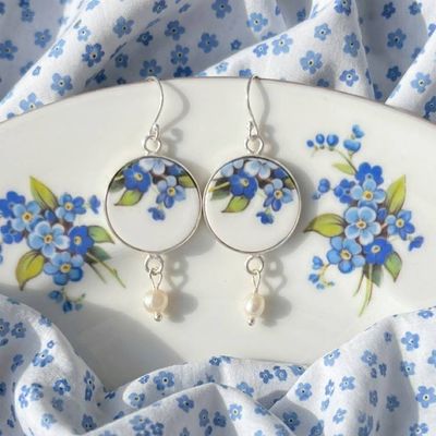 Alternate image for Forget Me Not Earrings handmade with Vintage China & Sterling Silver, Thoughtful Broken China Jewelry Gift for Her