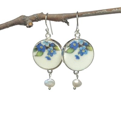 Alternate image for Forget Me Not Earrings handmade with Vintage China & Sterling Silver, Thoughtful Broken China Jewelry Gift for Her