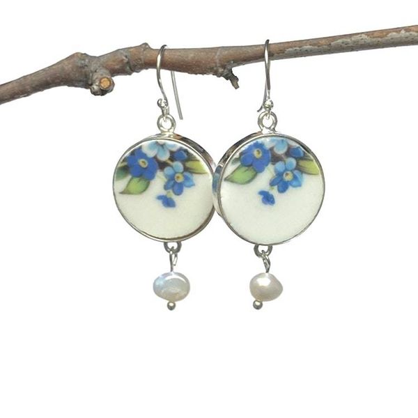 Alternate image for Forget Me Not Earrings handmade with Vintage China & Sterling Silver, Thoughtful Broken China Jewelry Gift for Her