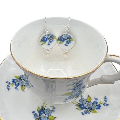 Alternate image for Forget Me Not Earrings handmade with Vintage China & Sterling Silver, Thoughtful Broken China Jewelry Gift for Her