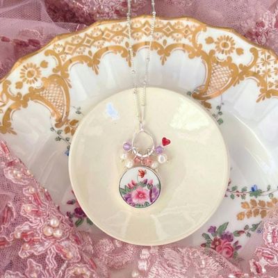 Primary image for Broken China Jewelry Necklace handmade with Antique Rose China, Thoughtful China Anniversary Gift for Wife