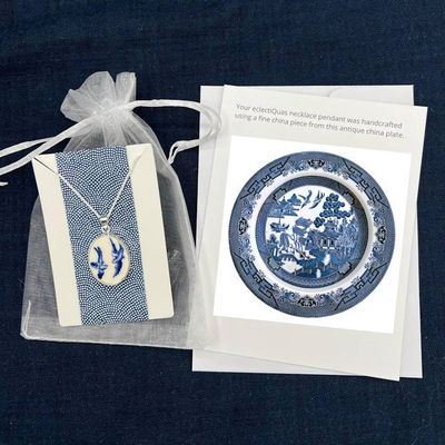 Alternate image for Vintage Blue Willow China Love Birds Necklace Gift for Her 20th Anniversary