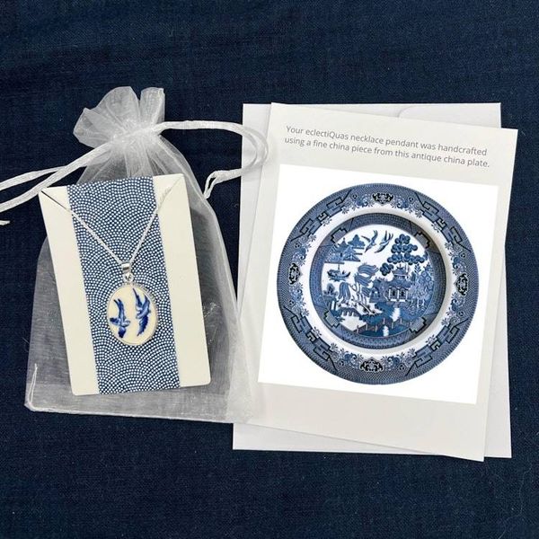 Alternate image for Vintage Blue Willow China Love Birds Necklace Gift for Her 20th Anniversary