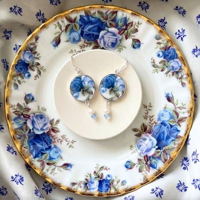 Primary image for Vintage Royal Albert Moonlight Rose China Earrings handmade with Sterling Silver, Elegant Blue Rose Broken China Jewelry