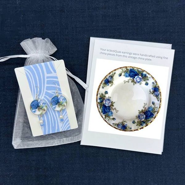 Alternate image for Vintage Royal Albert Moonlight Rose China Earrings handmade with Sterling Silver, Elegant Blue Rose Broken China Jewelry
