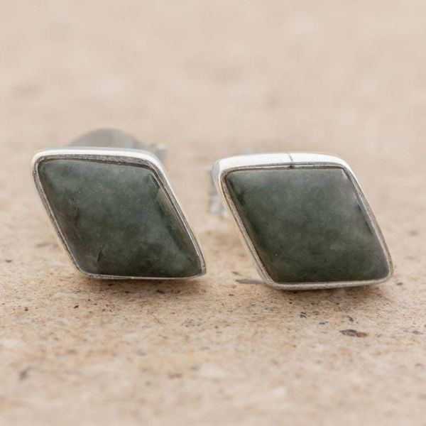 Alternate image for Green Jade and 925 Silver Rhombus Earrings from Guatemala Mayan Elegance in Dark Green