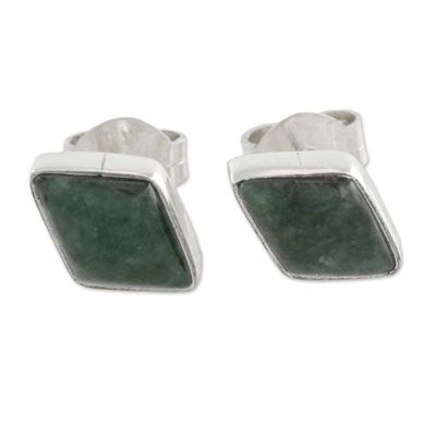 Alternate image for Green Jade and 925 Silver Rhombus Earrings from Guatemala Mayan Elegance in Dark Green