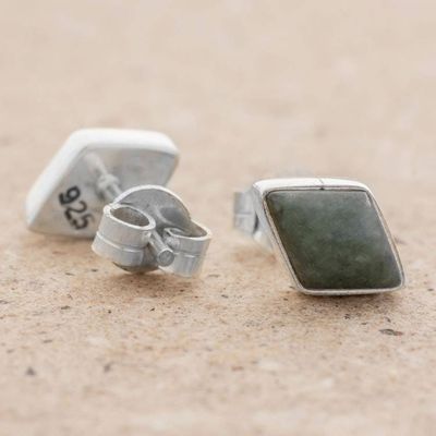 Alternate image for Green Jade and 925 Silver Rhombus Earrings from Guatemala Mayan Elegance in Dark Green