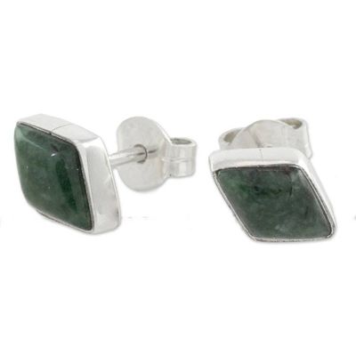Alternate image for Green Jade and 925 Silver Rhombus Earrings from Guatemala Mayan Elegance in Dark Green