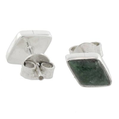 Alternate image for Green Jade and 925 Silver Rhombus Earrings from Guatemala Mayan Elegance in Dark Green