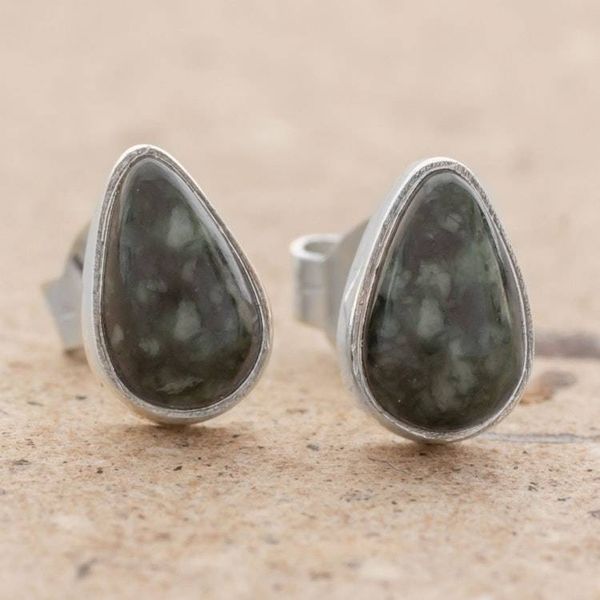Alternate image for Green Jade and 925 Silver Teardrop Earrings from Guatemala Mayan Teardrops in Dark Green