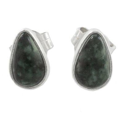 Alternate image for Green Jade and 925 Silver Teardrop Earrings from Guatemala Mayan Teardrops in Dark Green