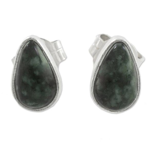 Alternate image for Green Jade and 925 Silver Teardrop Earrings from Guatemala Mayan Teardrops in Dark Green