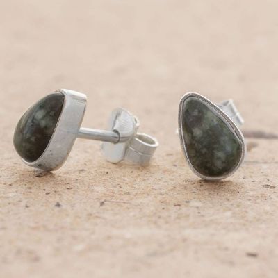 Alternate image for Green Jade and 925 Silver Teardrop Earrings from Guatemala Mayan Teardrops in Dark Green