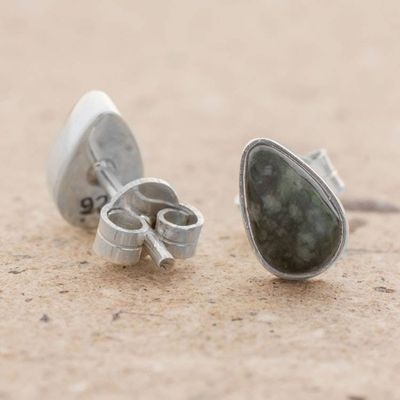 Alternate image for Green Jade and 925 Silver Teardrop Earrings from Guatemala Mayan Teardrops in Dark Green