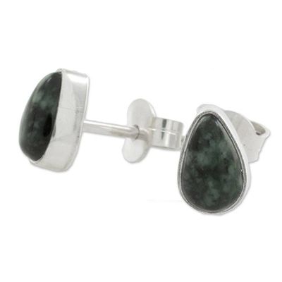 Alternate image for Green Jade and 925 Silver Teardrop Earrings from Guatemala Mayan Teardrops in Dark Green