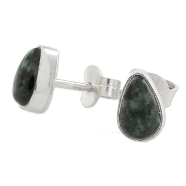 Alternate image for Green Jade and 925 Silver Teardrop Earrings from Guatemala Mayan Teardrops in Dark Green