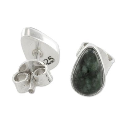 Alternate image for Green Jade and 925 Silver Teardrop Earrings from Guatemala Mayan Teardrops in Dark Green