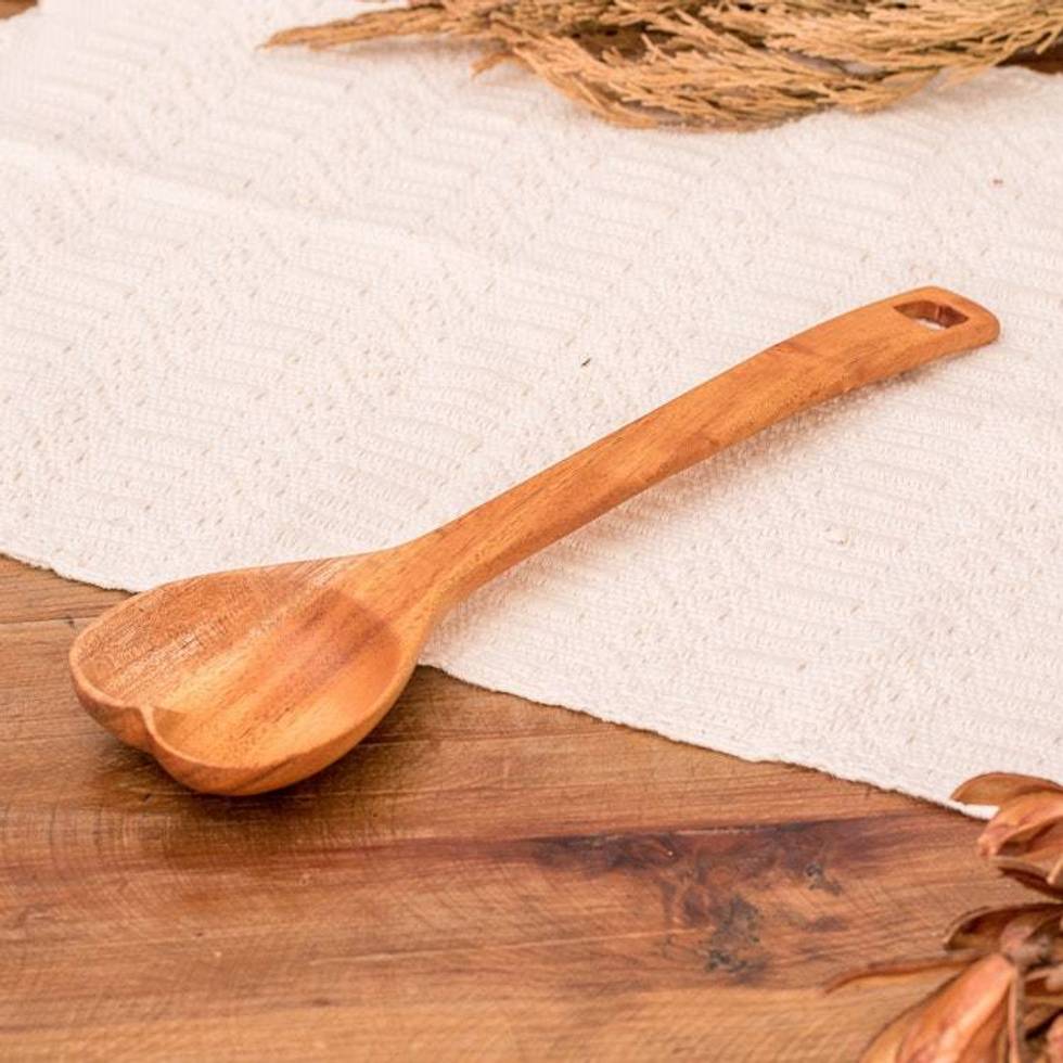 Eco-Friendly Heart-Themed Hand-Carved Teakwood Serving Spoon 'Mix of Love'